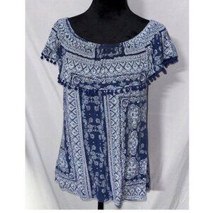 99 Jane Street Top, Top Ruffle, Blue Tassle Trim, Size Small